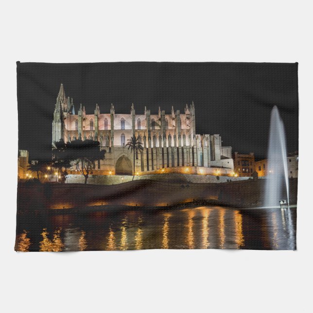 Cathedral of Palma de Mallorca at night - Spain Tea Towel (Horizontal)