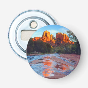 Cathedral Rock reflecting in Oak Creek at Sunset Bottle Opener