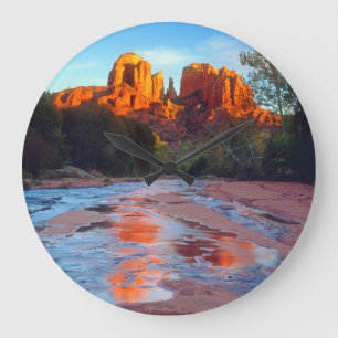 Cathedral Rock reflecting in Oak Creek at Sunset Large Clock