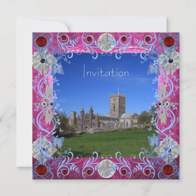 Cathedral Rubies Art Deco Wedding Invitation Card (Front)