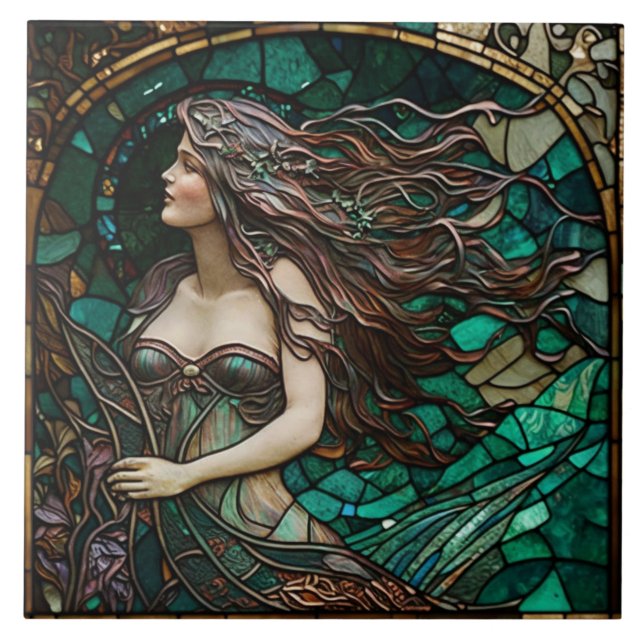 Cathedral Stained Glass Ceramic Tile with Mermaid  (Front)