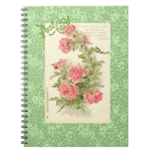 Catherine Klein pink roses green leaves postcard Spiral Notebook