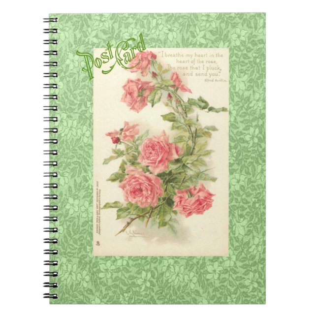 Catherine Klein pink roses green leaves postcard Spiral Notebook (Front)