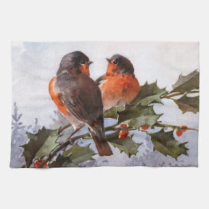 Catherine Klein: Robins on Holly Tea Towel