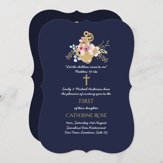 Catholic 1st Birthday Invitation Watercolor Floral (Front/Back)