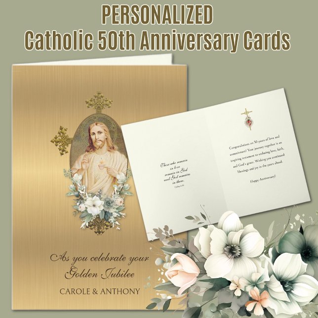Catholic 50th Wedding Jubilee Anniversary Jesus Card (Traditional Catholic Golden Jubilee 50th Anniversary Card - Sacred Heart of Jesus)