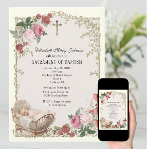 Catholic Baby Girl Baptism Vintage Roses Cross  Invitation