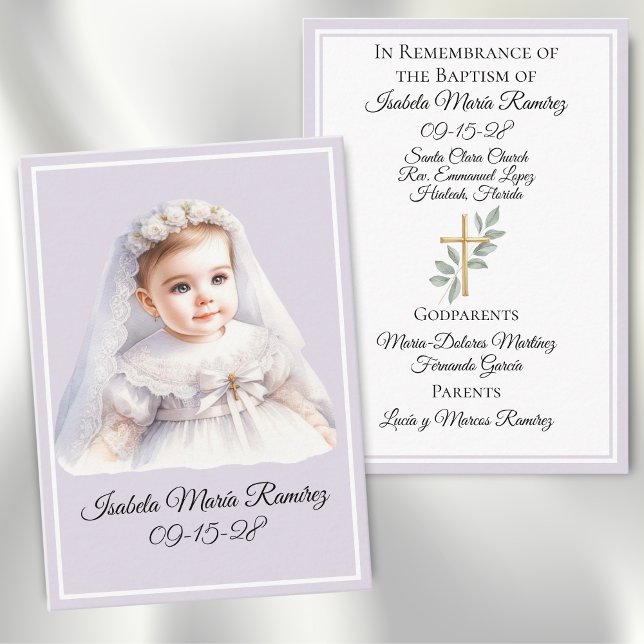 Catholic baptism baby girl purple remembrance card (Creator Uploaded)