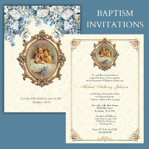 Catholic Baptism Christening Angels Floral Invitation