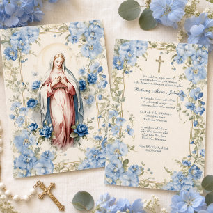 Catholic Baptism Christening Blessed Mother Floral Invitation
