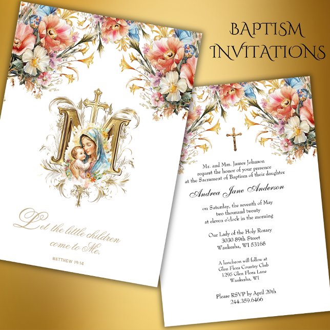 Catholic Baptism Christening Mary Jesus Floral Invitation (Creator Uploaded)