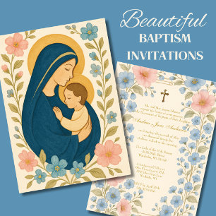 Catholic Baptism Floral Mary & Baby Jesus Invitation
