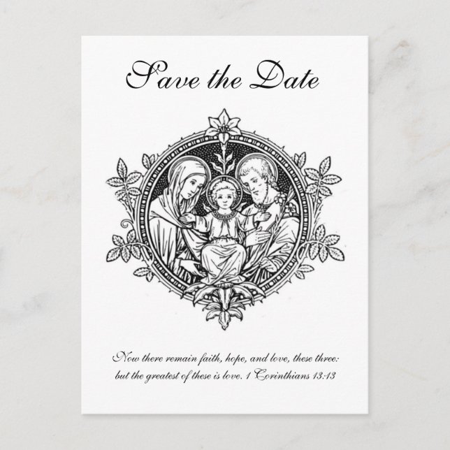 Catholic Black & White Holy Family  SAVE THE DATE Announcement Postcard (Front)