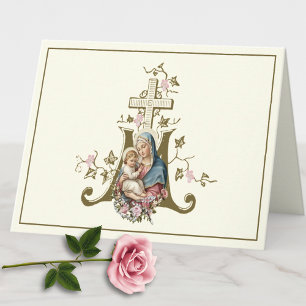 Catholic Blessed Mother Jesus Floral Marian Cross  Holiday Card