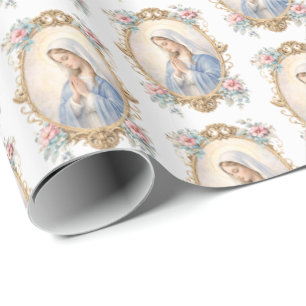 Catholic Blessed Mother Mary Floral Religious  Wrapping Paper