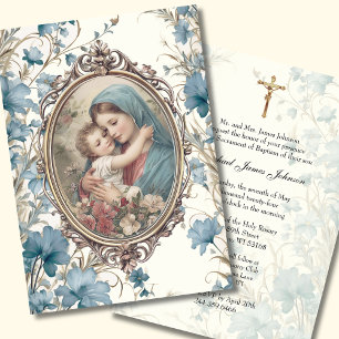 Catholic Blue Floral Baptism Christening Baby  Invitation