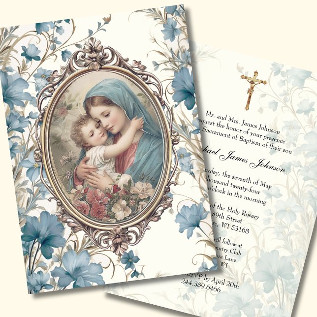 Catholic Blue Floral Baptism Christening Baby  Invitation (Creator Uploaded)