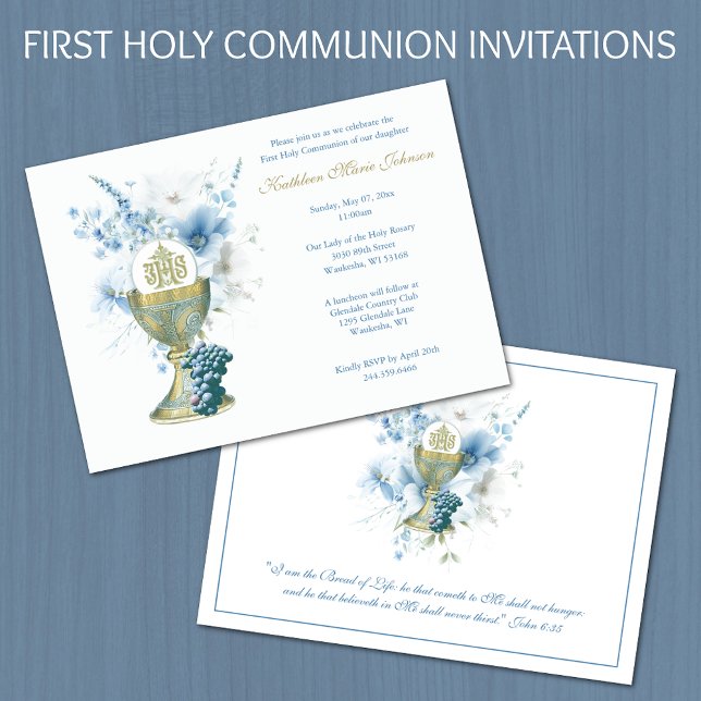 Catholic Blue Floral First Communion Eucharist Invitation (Creator Uploaded)