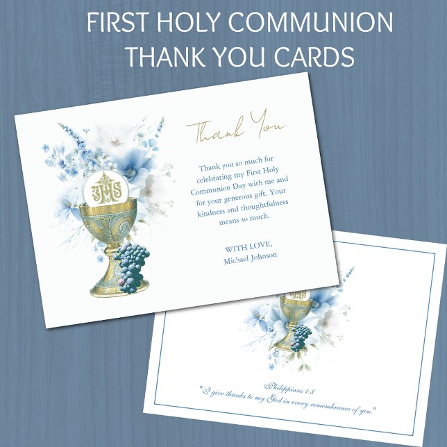 Catholic Blue Floral First Communion Thank You Invitation (Creator Uploaded)