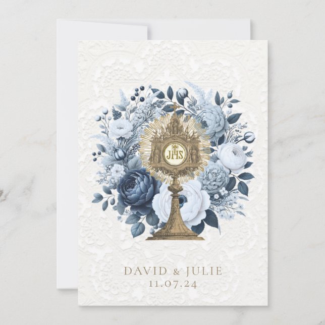 Catholic Blue Floral Monstrance Wedding Holy Card (Front)