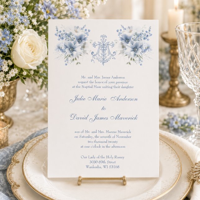 Catholic Blue Floral Religious Mary Wedding Invitation (Creator Uploaded)