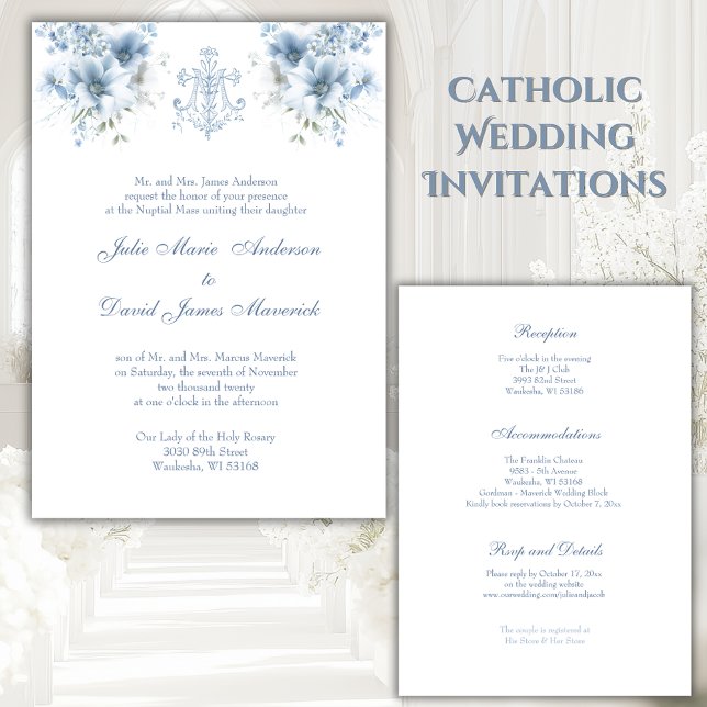 Catholic Blue Floral Religious Mary Wedding Invitation (Creator Uploaded)