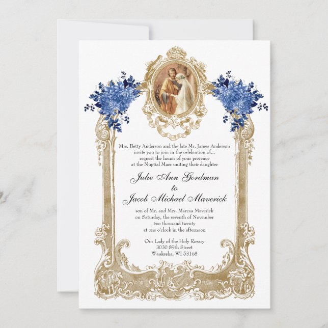 CATHOLIC BLUE FLORAL WEDDING INVITATIONS (Front)
