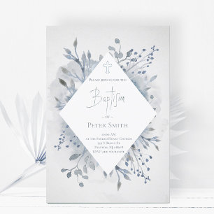 Catholic boy Baptism dusty blue watercolor Invitation