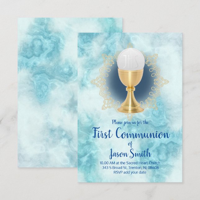 catholic boy First Communion blue marble Invitation (Front/Back)