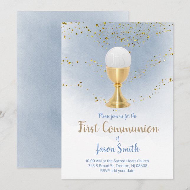 catholic boy first communion watercolor invitation (Front/Back)