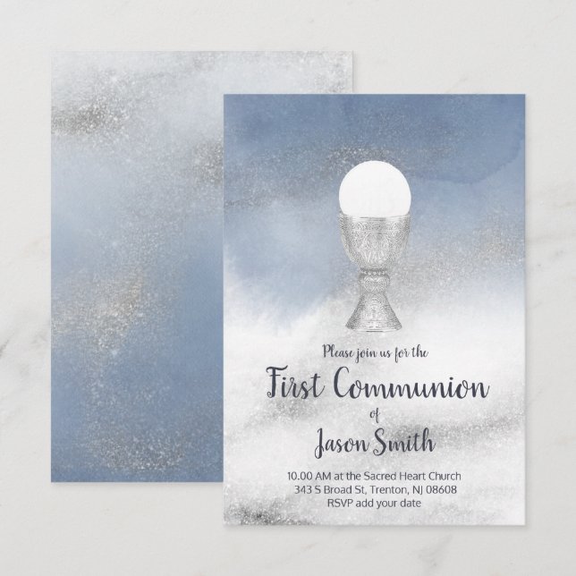 catholic boy first communion watercolor marble invitation (Front/Back)