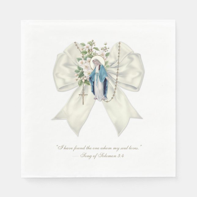 Catholic Bridal Shower Blessed Mary Creme Bow Napkin (Front)