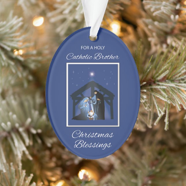 Catholic Brother Christmas Blessings Manger Blue Ornament (Tree)