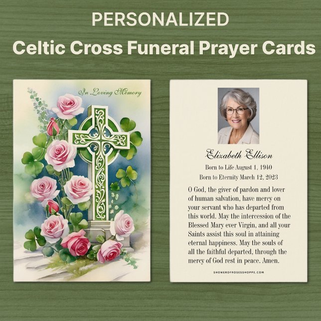 Catholic Celtic Cross Funeral Memorial Prayer  (Irish Catholic Celtic Cross with pink roses funeral memorial prayer cards)