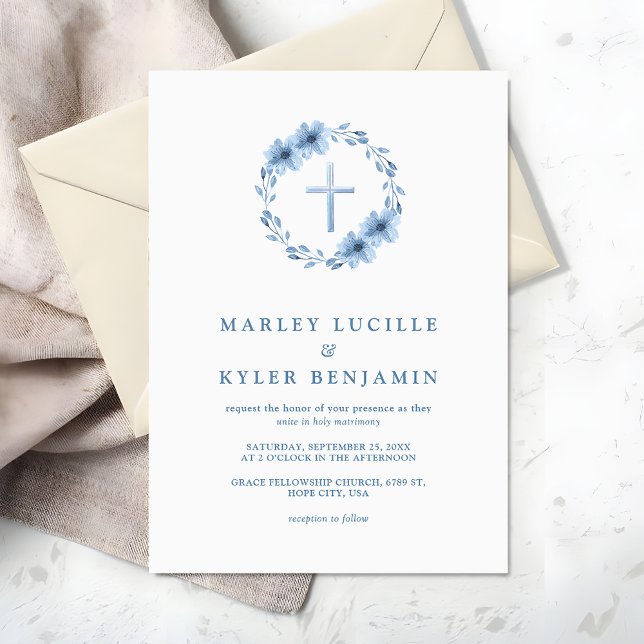 Catholic Christian Dusty Blue Floral Cross Wedding Invitation (Creator Uploaded)