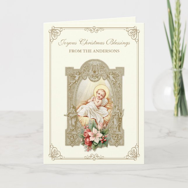 Catholic Christmas baby Jesus Poinsettia Floral Holiday Card (Front)