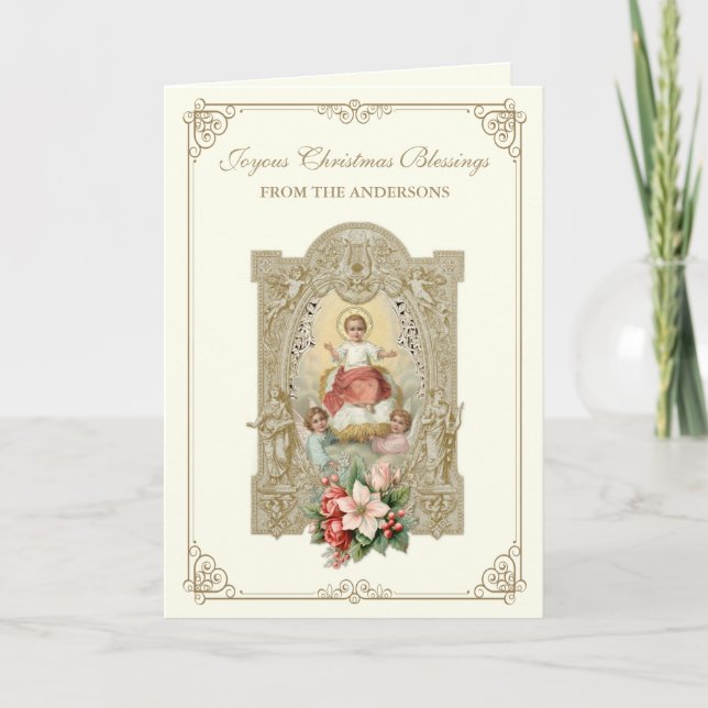 Catholic Christmas baby Jesus Poinsettia Floral Holiday Card (Front)