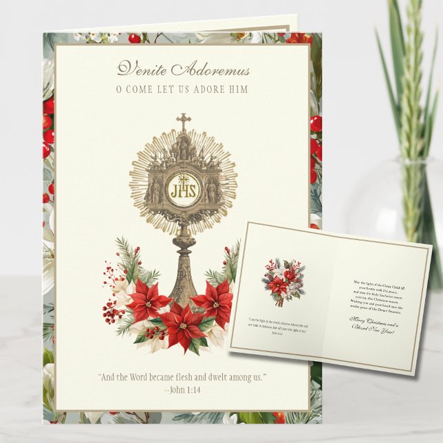 Catholic Christmas Eucharist Poinsettia Floral Holiday Card (Creator Uploaded)