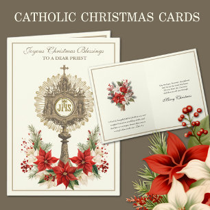Catholic Christmas Eucharist Poinsettia Floral Holiday Card