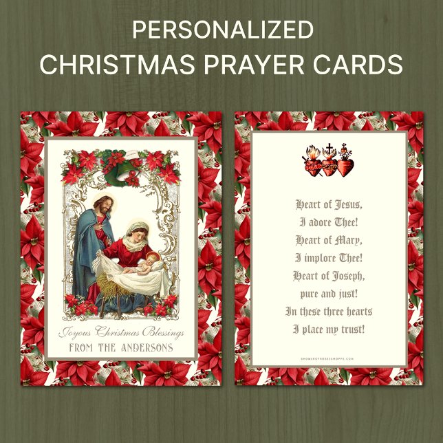 Catholic Christmas Nativity Prayer Three Hearts Business Card (TRADITIONAL CATHOLIC CHRISTMAS PRAYER CARDS - NATIVITY OF BIRTH OF JESUS )