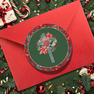 Catholic Christmas Sacred Heart and Poinsettia Classic Round Sticker