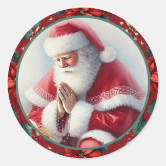 Catholic Christmas Santa with Rosary Poinsettias Classic Round Sticker