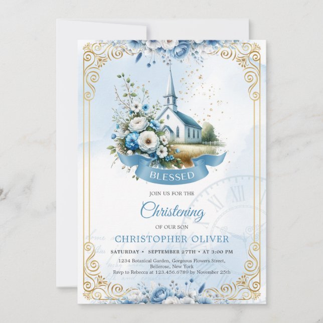Catholic church dusty blue flowers gold frame invitation (Front)