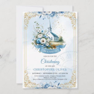 Catholic church dusty blue flowers gold frame invitation