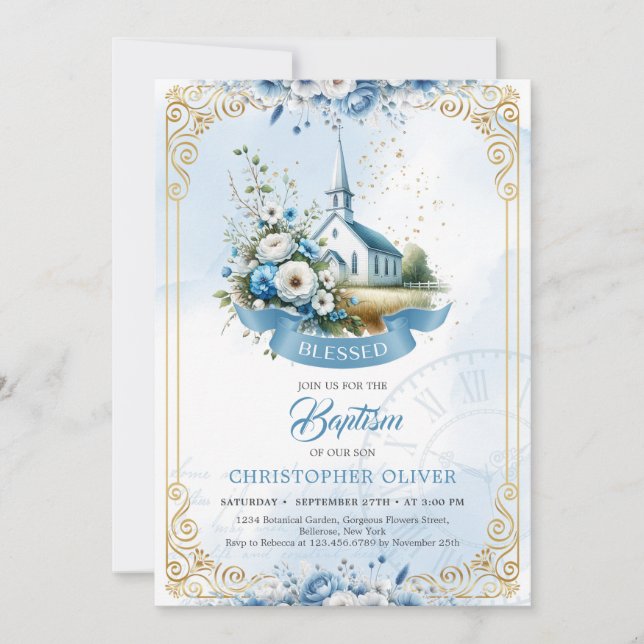Catholic church dusty blue flowers gold frame invitation (Front)