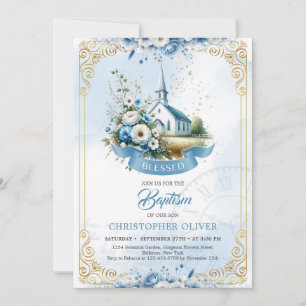 Catholic church dusty blue flowers gold frame invitation