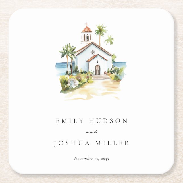 Catholic Church Tropical Wedding Square Paper Coaster (Front)