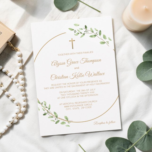 Catholic Church Wedding WREATH with Cross Elegant Invitation (Gold cross with wreath greenery catholic wedding invitation.)