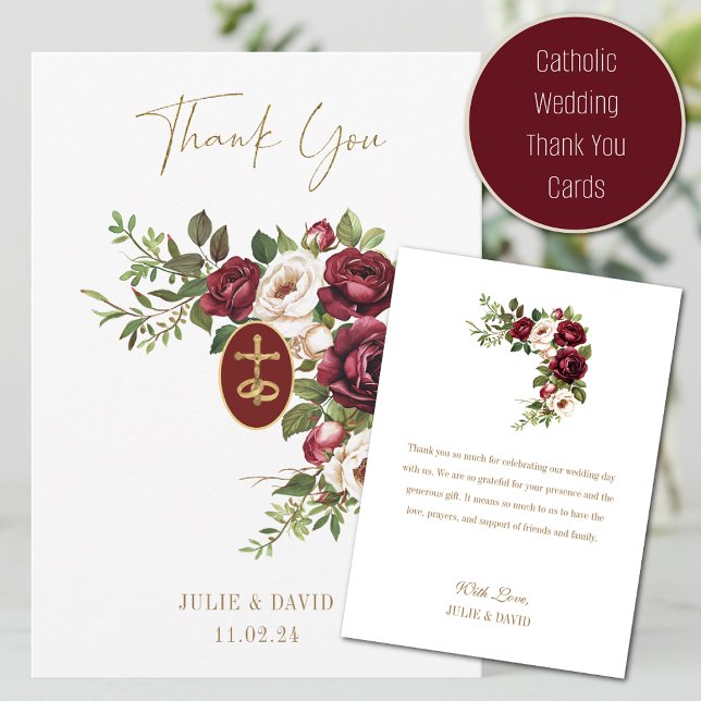 Catholic Claret Floral Gold Crucifix Wedding Thank You Card (Creator Uploaded)