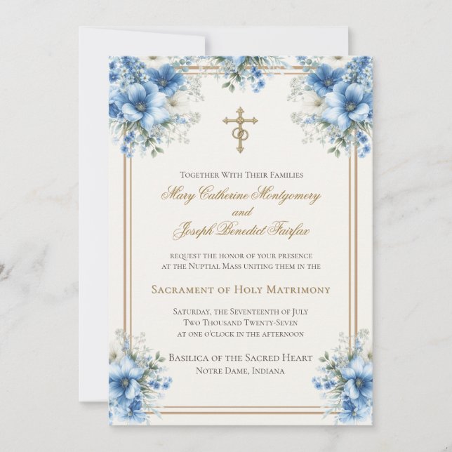 Catholic Classic Blue Floral Wedding  Invitation (Front)